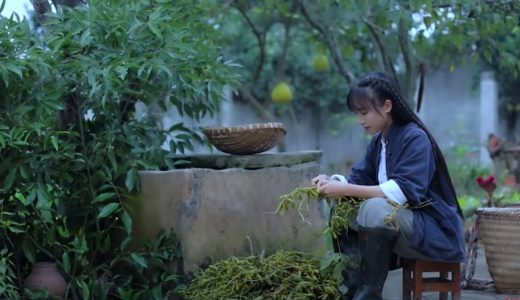 中国の美しい女性が田舎で料理を作る動画