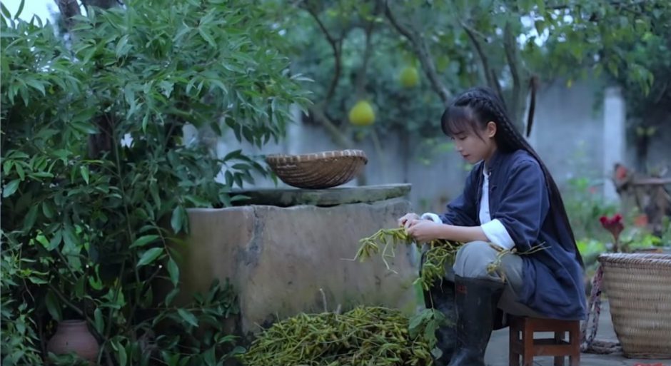 中国の美しい女性が田舎で料理を作る動画